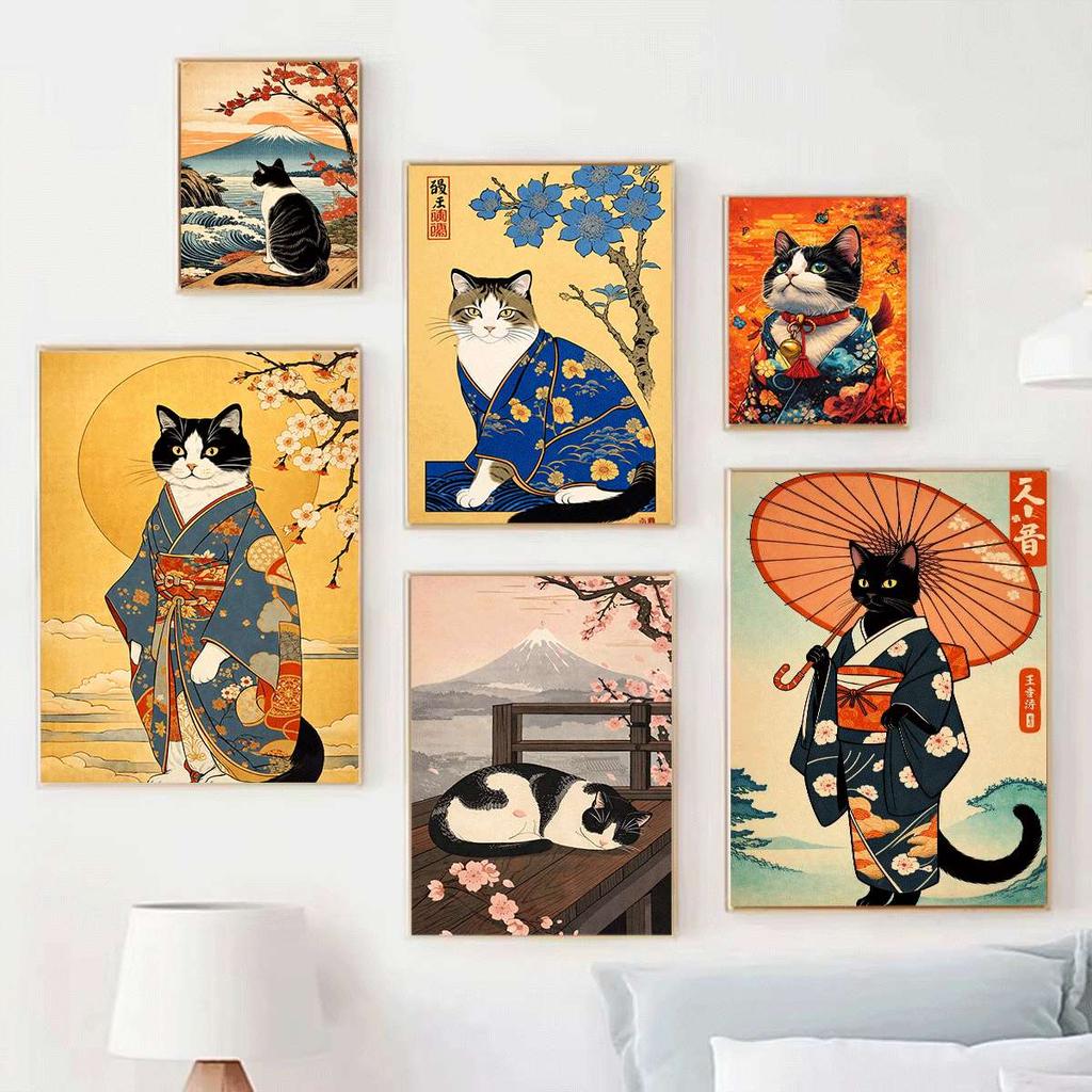 Japanese-style Cat Wall Decorations, Fun Cat Canvas Posters, Anime Wall Decorations, Cute Artwork, Tokyo Kitty Retro Posters