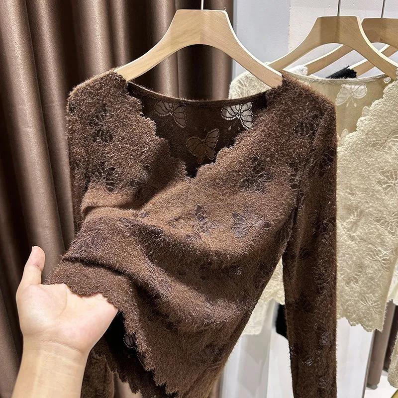 Brushed Lace Long-sleeved Bottoming Women's Autumn and Winter New V-neck High-end Soft Waxy Slim Inner T-shirt Top