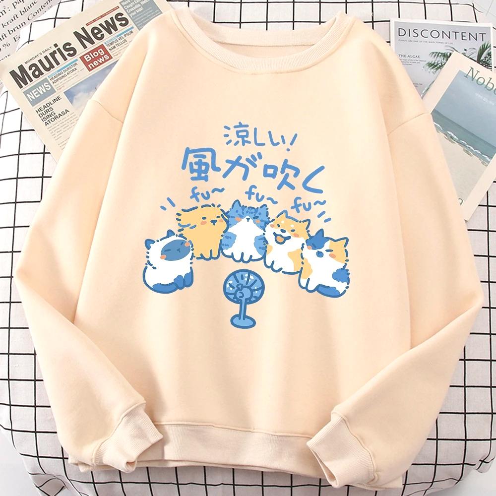 

5 Cats Blowing Fans Cute Printed Sweatshirt Women Personality Casual Hoodies Crewneck Hoodies Fashion Cartoon Clothing S