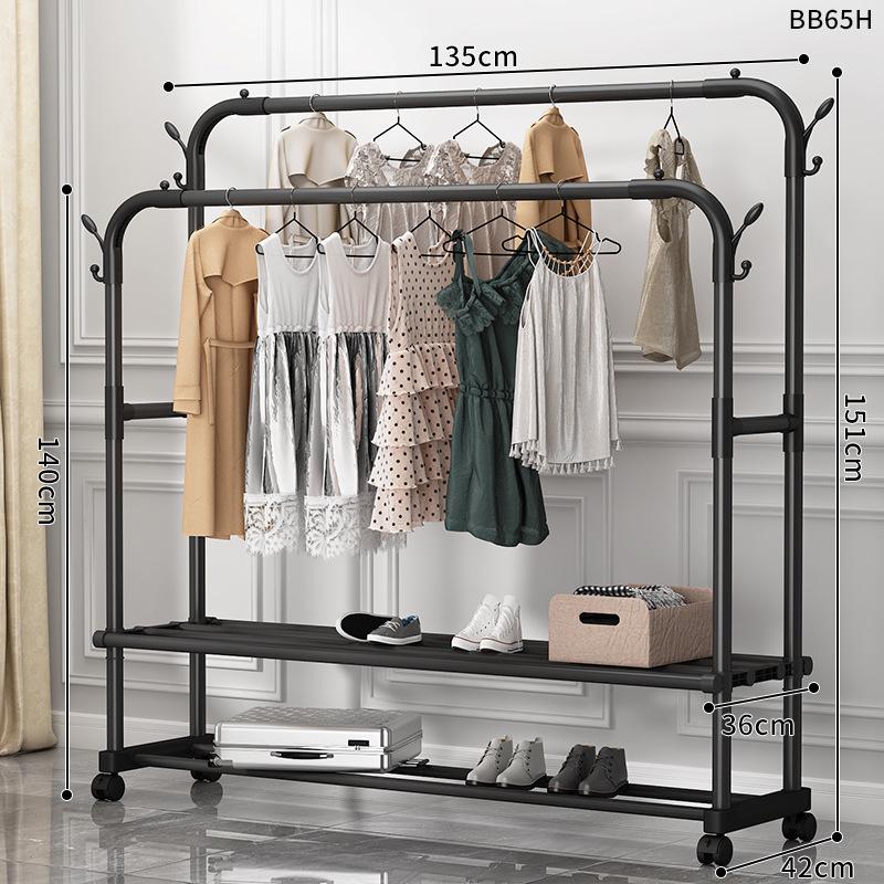 Minimalist Indoor Floor-Standing Coat Rack with Double Pole and Shelf for Bedroom or Balcony