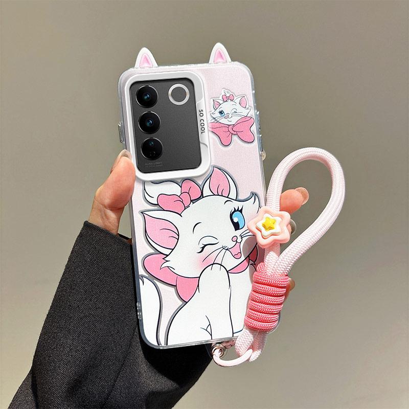 KEYSION Cute Ear Cartoon Case for VIVO V27 5G with Lanyard Soft Silicone+PC Shockproof Phone Back Cover for VIVO V27 5G