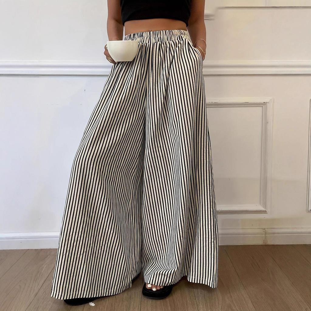 Plus Size Women Casual Flowy Loose Fit Wide Leg Long Pants Ladies Fashion Elastic High Waist Stripes Print Pants Streetwear