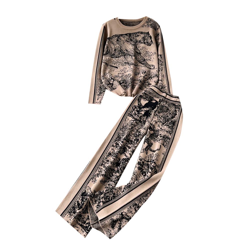 Women's Art-Inspired Knit Sweater & Wide-Leg Trousers Set – Autumn/Winter Trend