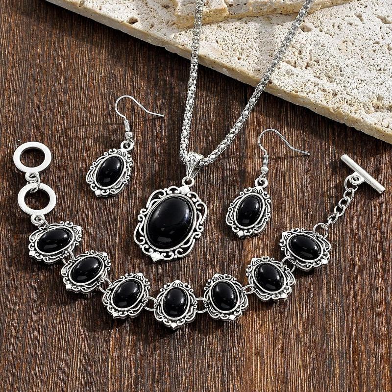 3Pcs Women'S Vintage Turquoise Bracelet Necklace Earrings Set, Healing Stone Decoration Gift