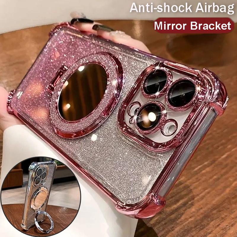 Glitter Mirror Magnetic Stand Phone Case for iPhone 17 Air 16 15 14 13 12 11 Pro Max 15 16 Plus Samsung S25 S24 23 S22 S21 Ultra Plus FE A17 A56 A36