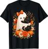 Halloween Cute Ghost Cat Pumpkin Floral Bow T-Shirt