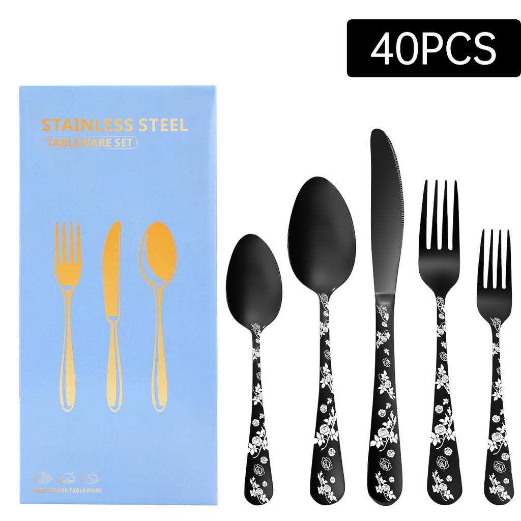 New Pattern Stainless Steel Tableware 40 Pieces Suit PVD Plated Printed Black Carved Handle Laser