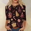 Women's Fashion Casual Round Neck Three-quarter Sleeve Christmas Print T-shirt Top