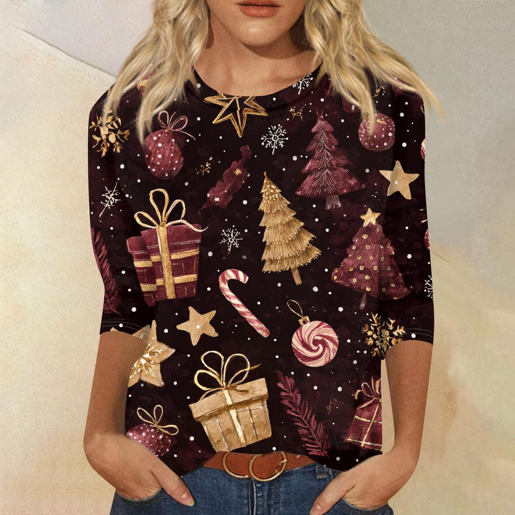 Women's Fashion Casual Round Neck Three-quarter Sleeve Christmas Print T-shirt Top