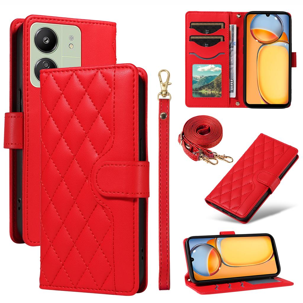 For Xiaomi Redmi 13C 5G/13C 4G/13R 5G/ Poco C65 4G/Poco M6 5G Case Wallet Rhombus Leather Phone Cover with Shoulder Strap,Wrist Strap
