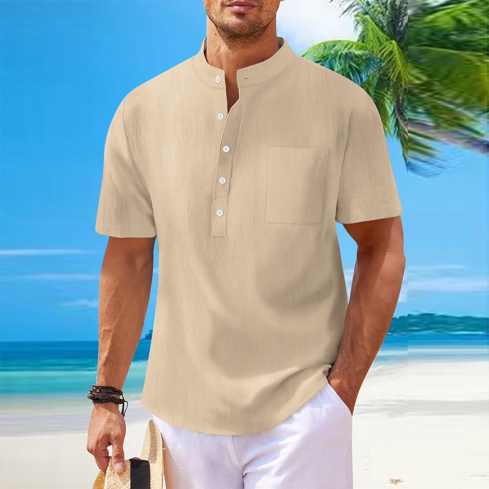 

Мужская рубашка с воротником-стойкой и коротким рукавом, свободная рубашка для отдыха и отдыха, мужская M хаки