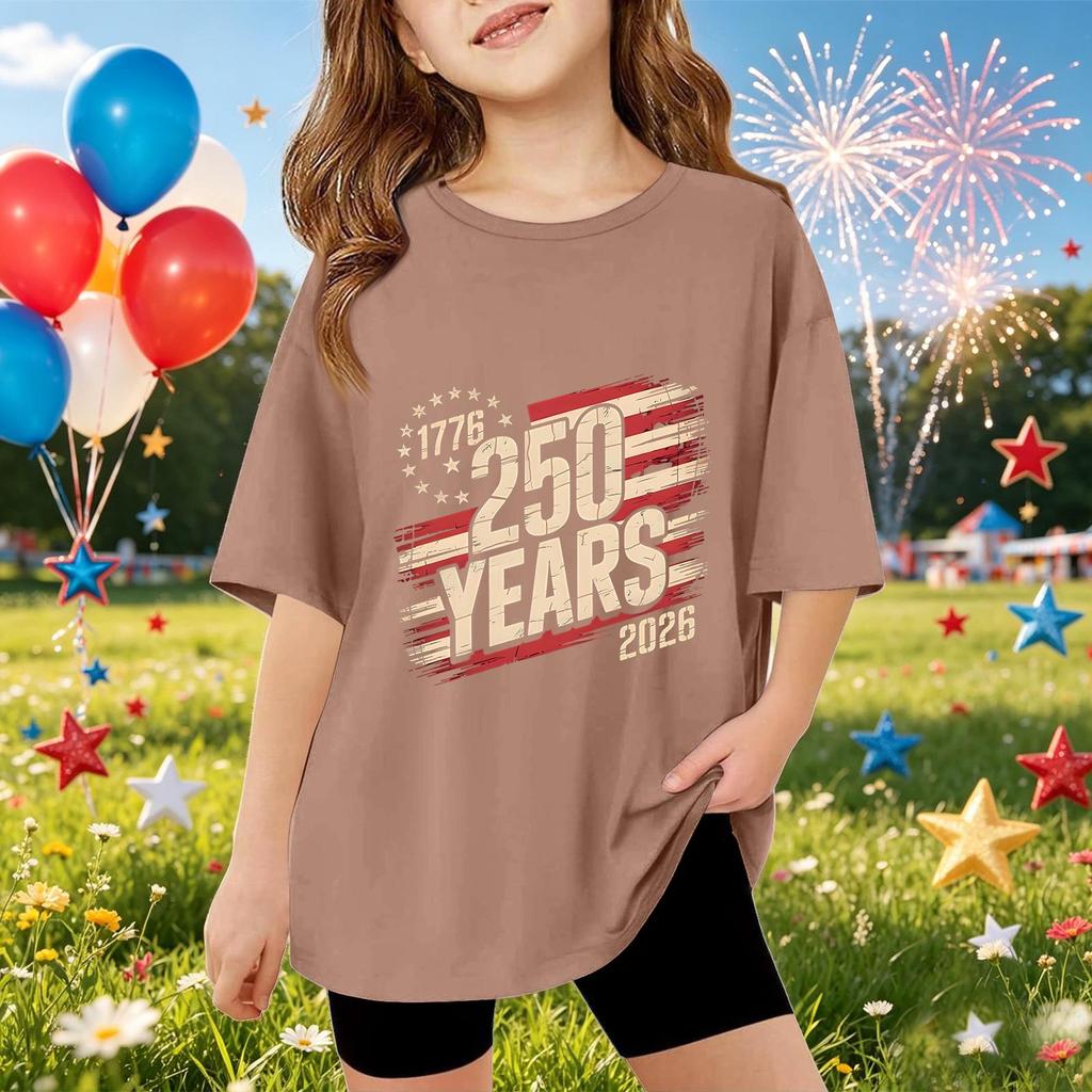 Kids Short Sleeve T Shirt 250 Years Commemorative Graphic Tee Independence Day 1776 2026 Casual Fit Cotton Top for Boys and Girls