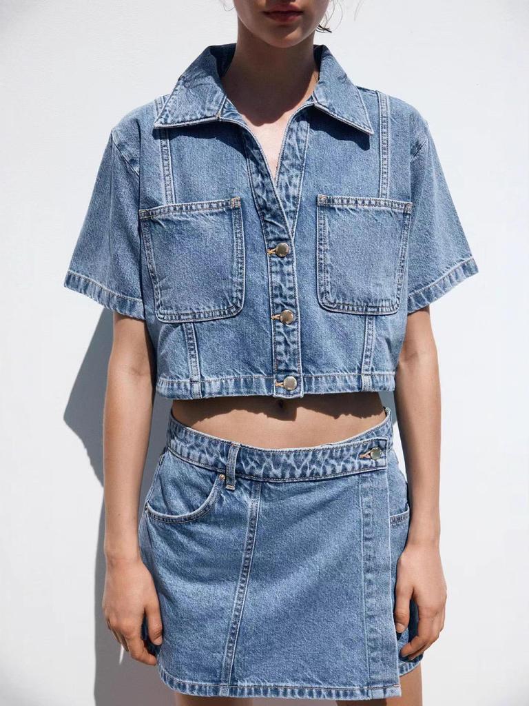 Women's Summer V-Neck Short Sleeve Top & High-Waisted Denim Two-Piece Set