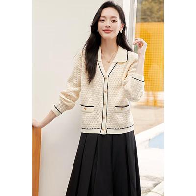 Women's Spring Faux Two-Piece Color-Block Lapel Knit Cardigan V8601W11