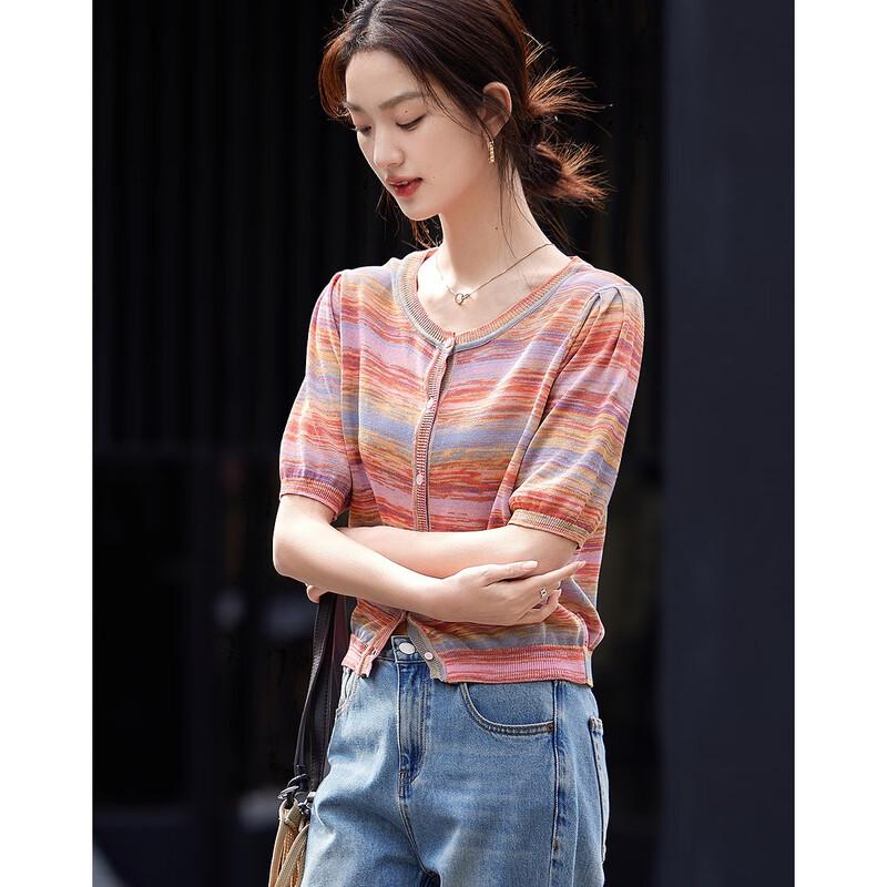 Demana Artistic Gradient Ribbed Knit Short Sleeve Cardigan