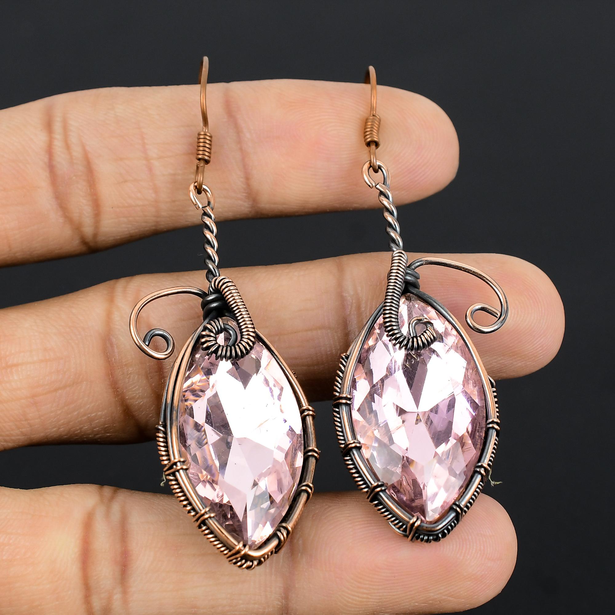 

Серьги из розового кунцита и мистического топаза, обмотанные медной проволокой 999 пробы, серьги из драгоценных камней ручной работы, на День памяти 2.55 Inches