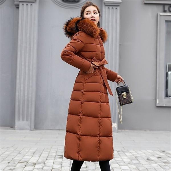 Giacca parka da donna alla moda invernale calda di media lunghezza con cappuccio casual, con collo in pelliccia rimovibile, per donna