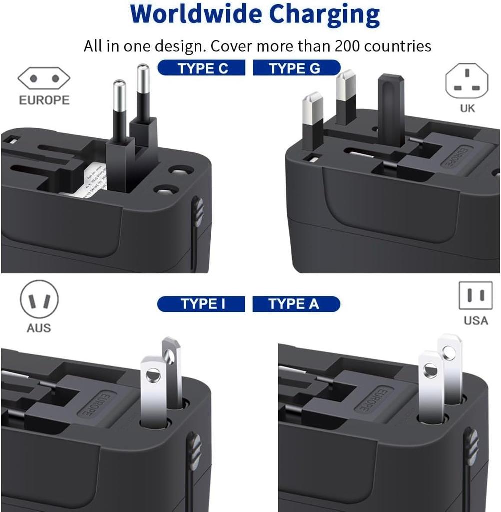 International Travel Power Adapter, Multi-Outlet Adapter, 1 USB-C + 1 USB-A (PD20W + QC18W), Worldwide Compatible, OverheatOverchargeShort Circuit