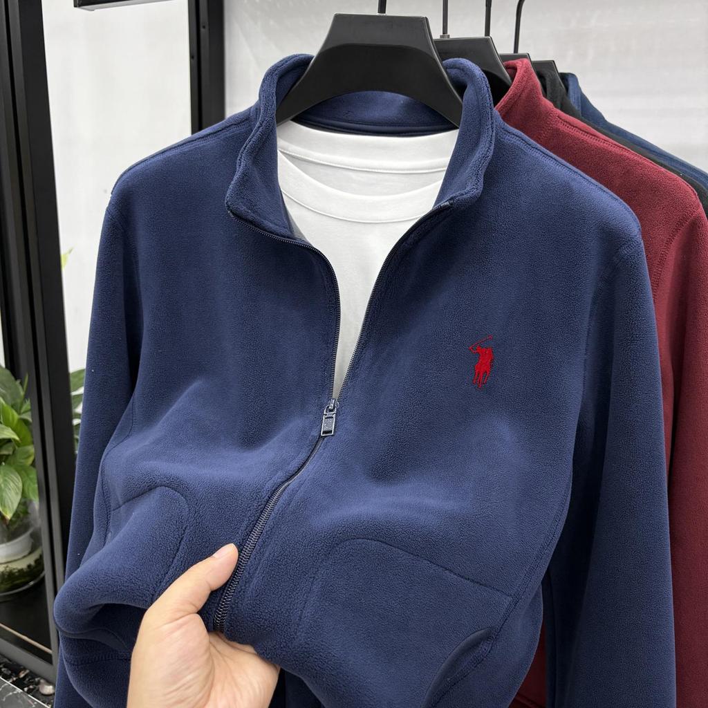 Men's Double-Sided Berber Fleece Stand Collar Jacket with Embroidery – Classic American Style