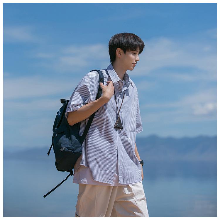 Men's Japanese Striped Short-Sleeve Lapel Shirt - Summer Cityboy Casual Versatile Trendy Brand Jacket