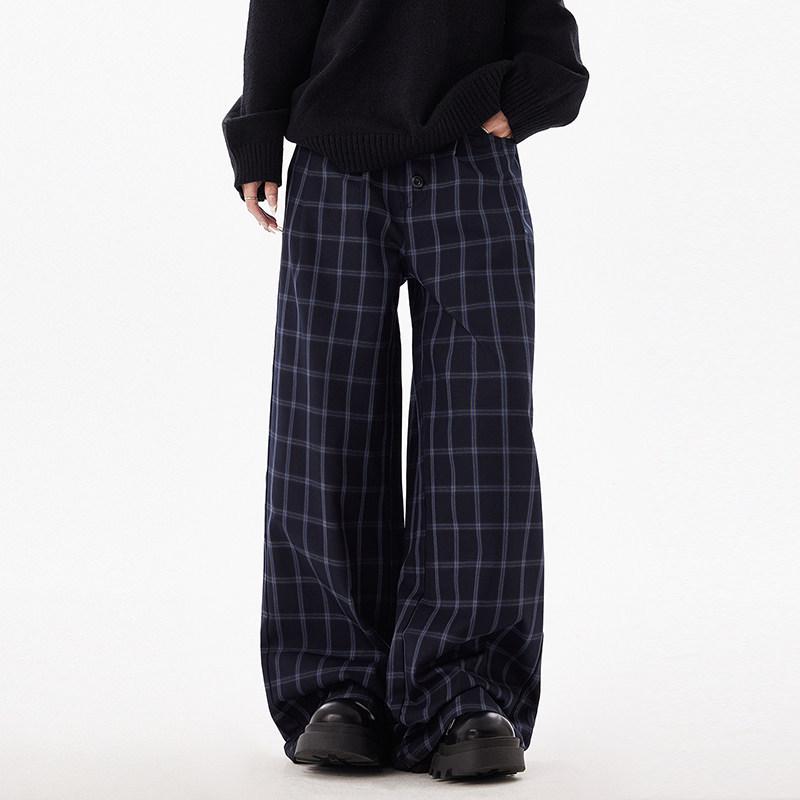 

Унисекс Ретро Синие Клетчатые Широкие Повседневные Брюки - Стильные, Свободный Крой, Длины до Пола. XXL темно-синий