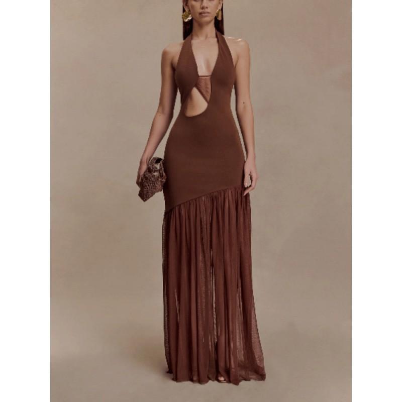 

European American Women s Clothing New Style Temperament Slim Leaky Back Stitching Mesh Pleated Sexy Solid Color Dress S