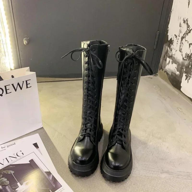 Women Motorcycle Boots Wedges Flat Shoes Woman High Heel Platform PU Leather Boots Lace Up Women Shoes Black Boots Girls2025