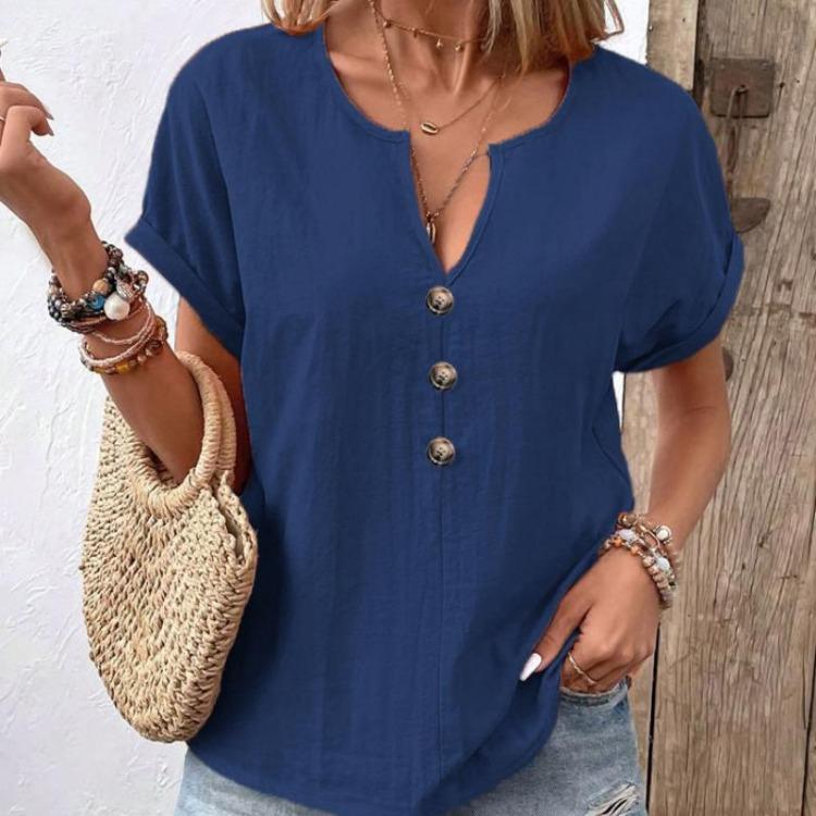 Summer Casual Women Short Sleeve V Neck Button Down Solid Color Top
