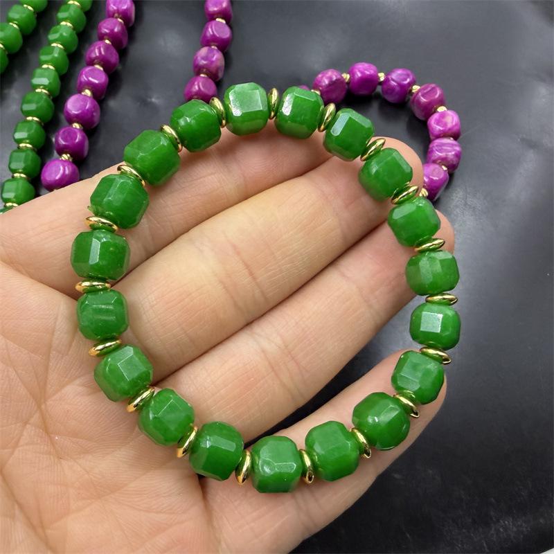 Agate Lane: Green Square Necklace, Sugar Cube Bracelet, Pink Irregular Bead Bracelet.