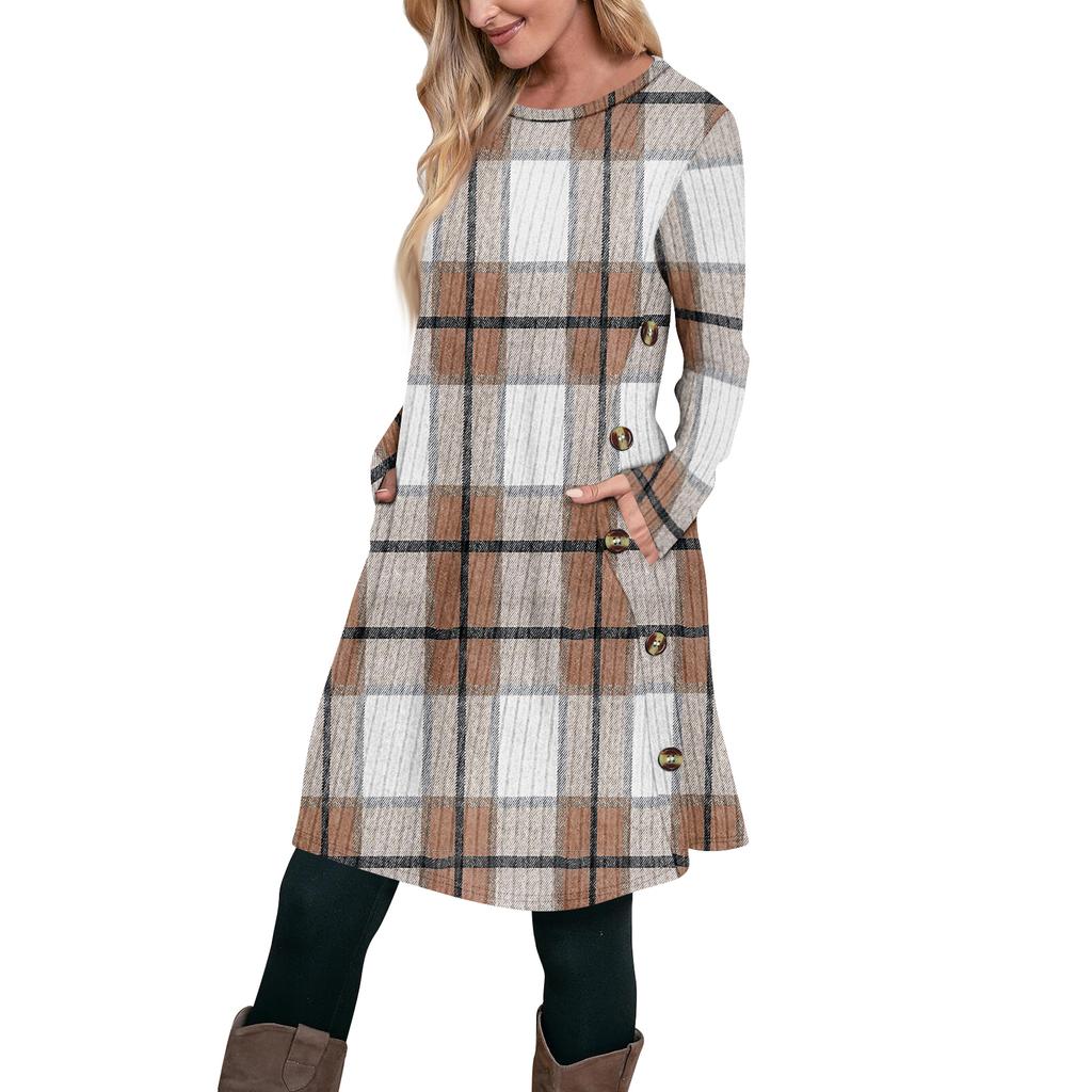 Women's Fashion Casual Long SleeveTunic Dress With Pockets Side Button Dress