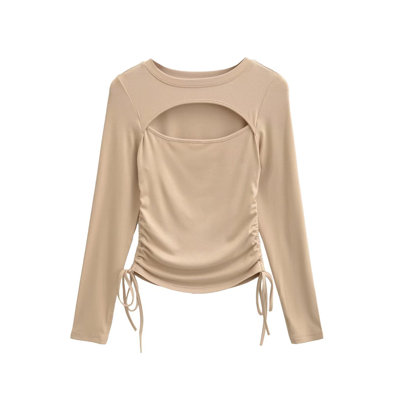 Elegant Round Neck Hollow-Out Slimming Long Sleeve T-shirt with Drawstring Waist for Women Small хаки