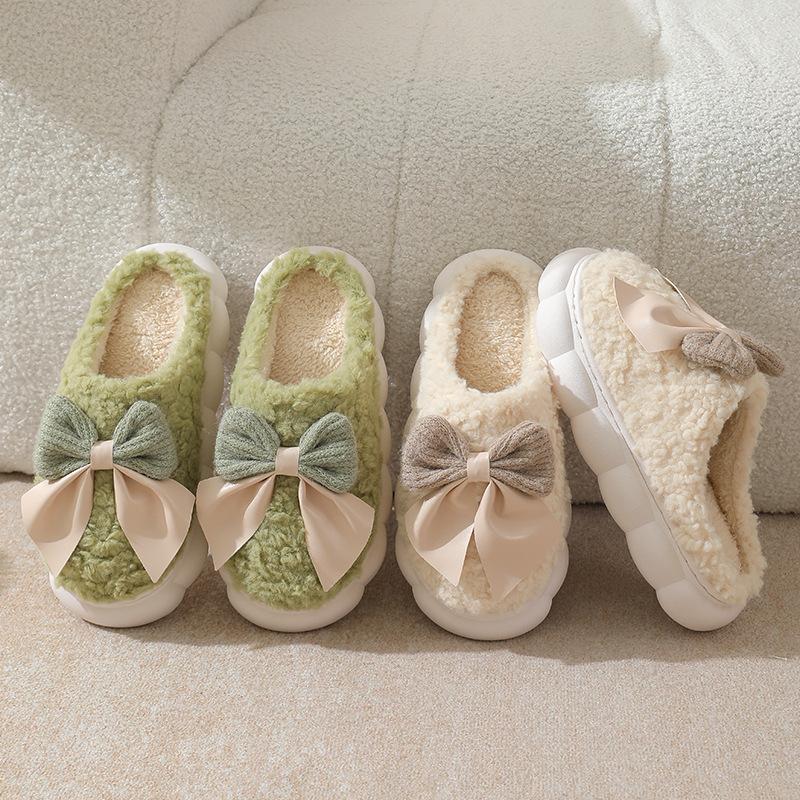 Bow Cotton Slippers Winter Indoor Home Plush Warm Thick Bottom Wear-resistant Non-slip Slippers