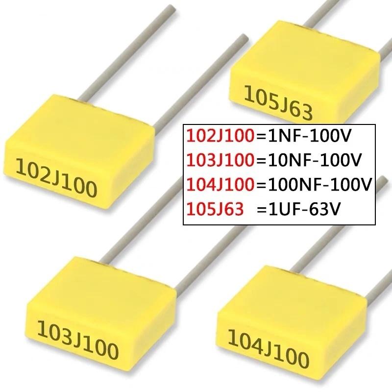 240Pcs Correction Capacitor Assorted Kit 24Values x 10Pcs 100V 102J-105J Polypropylene Safety Plastic Film Capacitors Set