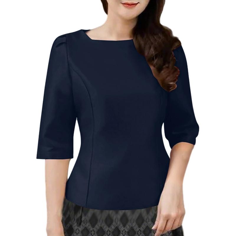 

ZANZEA Женская повседневная однотонная блузка с круглым вырезом и рукавами 3/4 5XL темно-синий