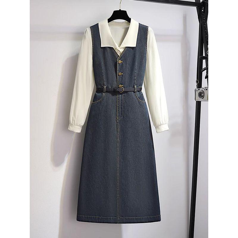 French Denim A-Line Waist-Cinching Sleeveless Autumn Dress for Women Small (S)