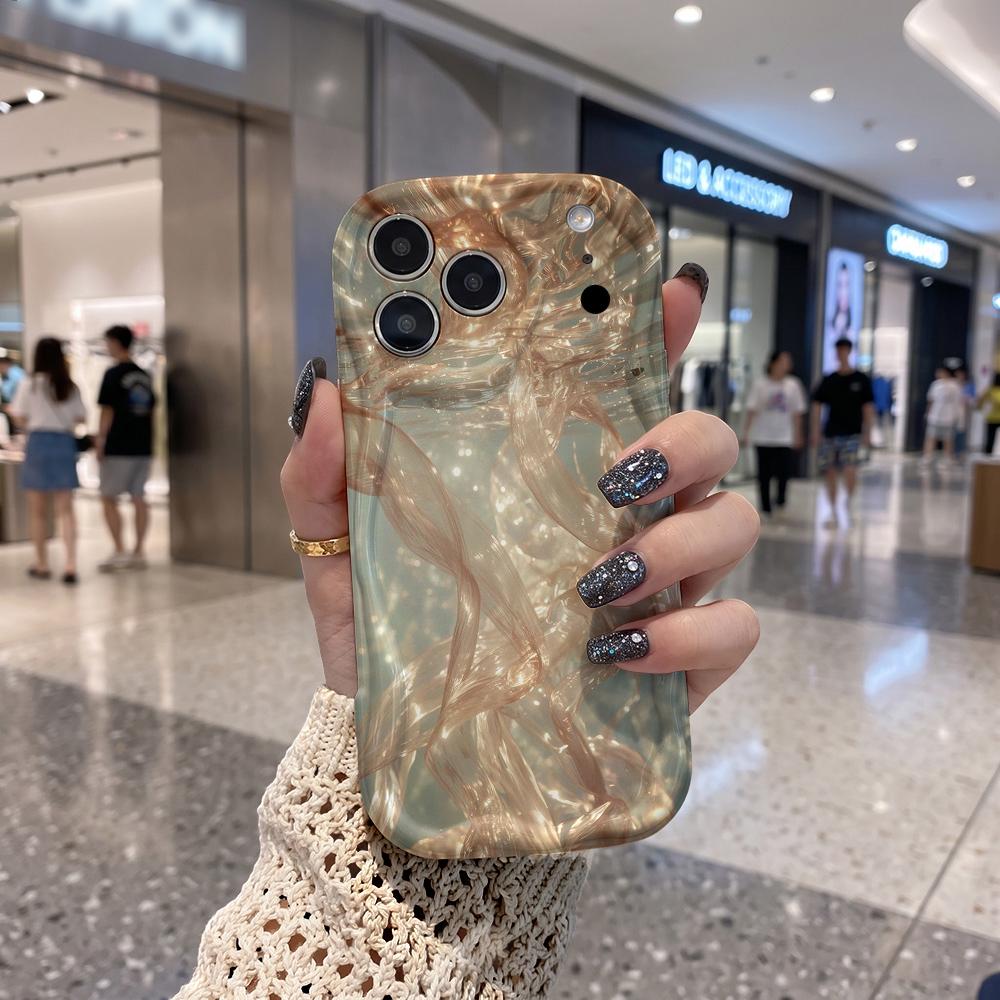 Gold Ribbon Light Fluid Phone Case for iPhone 16 15 14 Pro Max 13 12 11 Mini XR XS SE Wavy Edge Soft Protective Cover