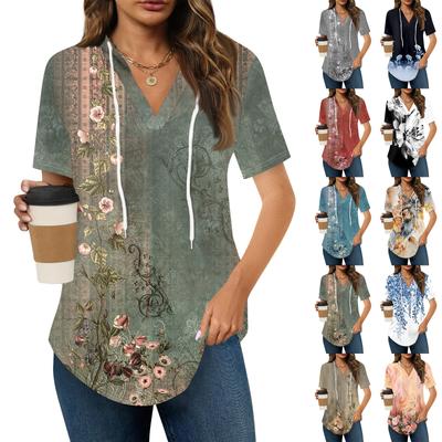 Women's Summer V Neck Tee Shirts Short Sleeve Hoodie Tunic Tops  Casual Loose Tunic Sweatshirts