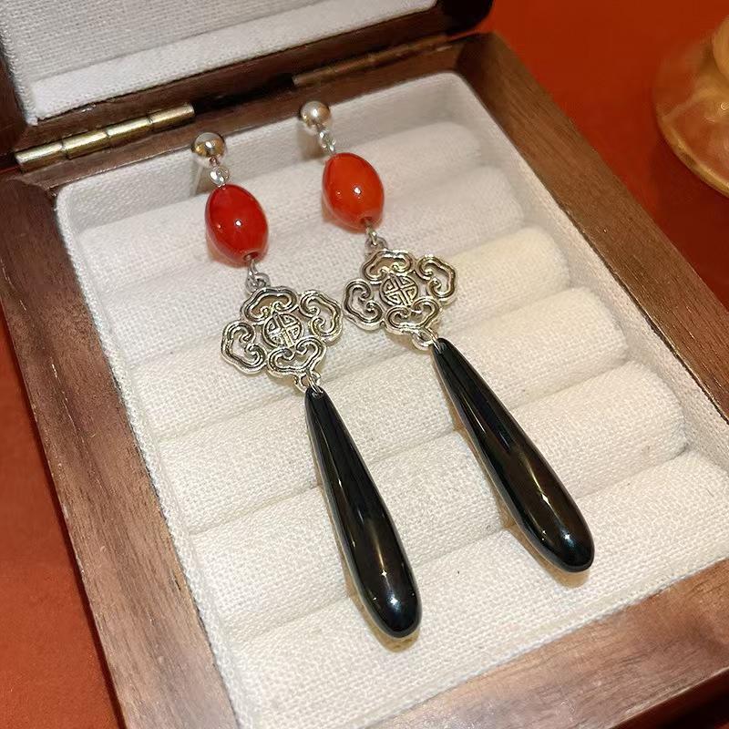 

Neo-chinese Water Drop Agate Chinese Knot Tassel Dangle Earrings for Women Vintage National Tide Personality Earring червоний