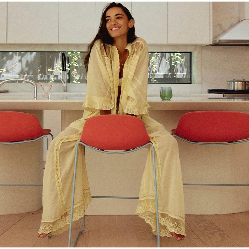 Lace Floral Top Pants Set Women Solid See Through Tops Loose High Waist Straight Leg Long Trousers 2025 New Lady Elegant Suits