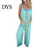 Suspenders Jumpsuit Summer Women V Neck Sleeveless Loose Wide Leg Button Decor Pure Color Deep Crotch with Side Pockets Casual Vacation Homewear