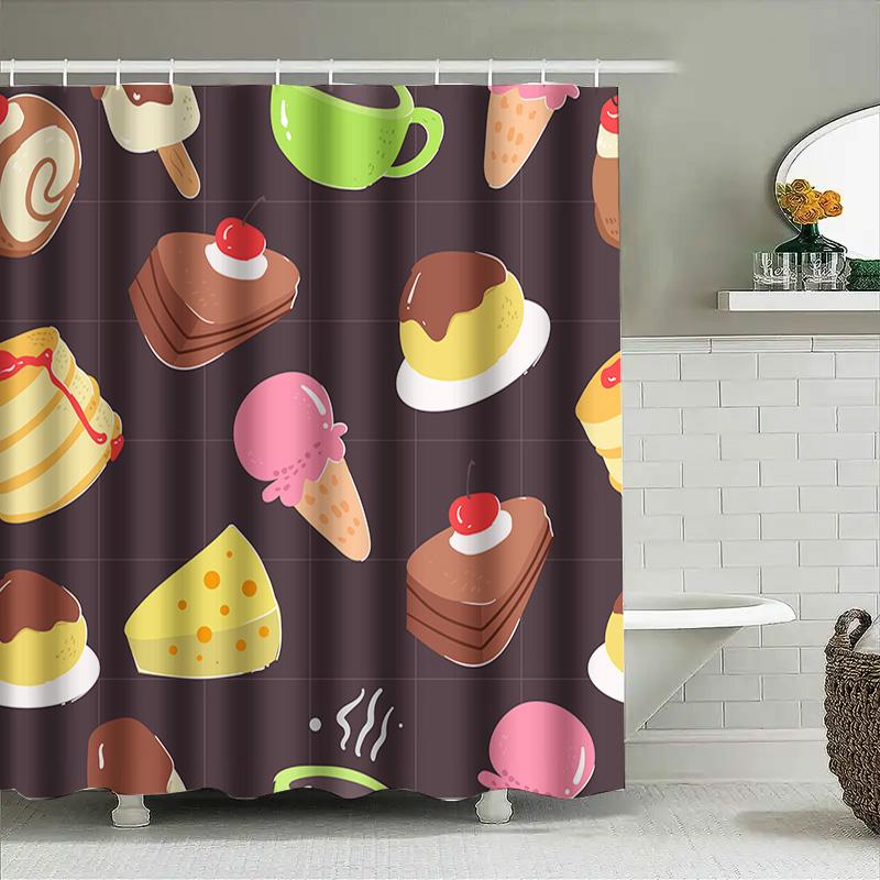 Vintage Style Ice Cream Pattern Shower Curtain For Bathroom Decoration Waterproof Fabric With Hook Rings