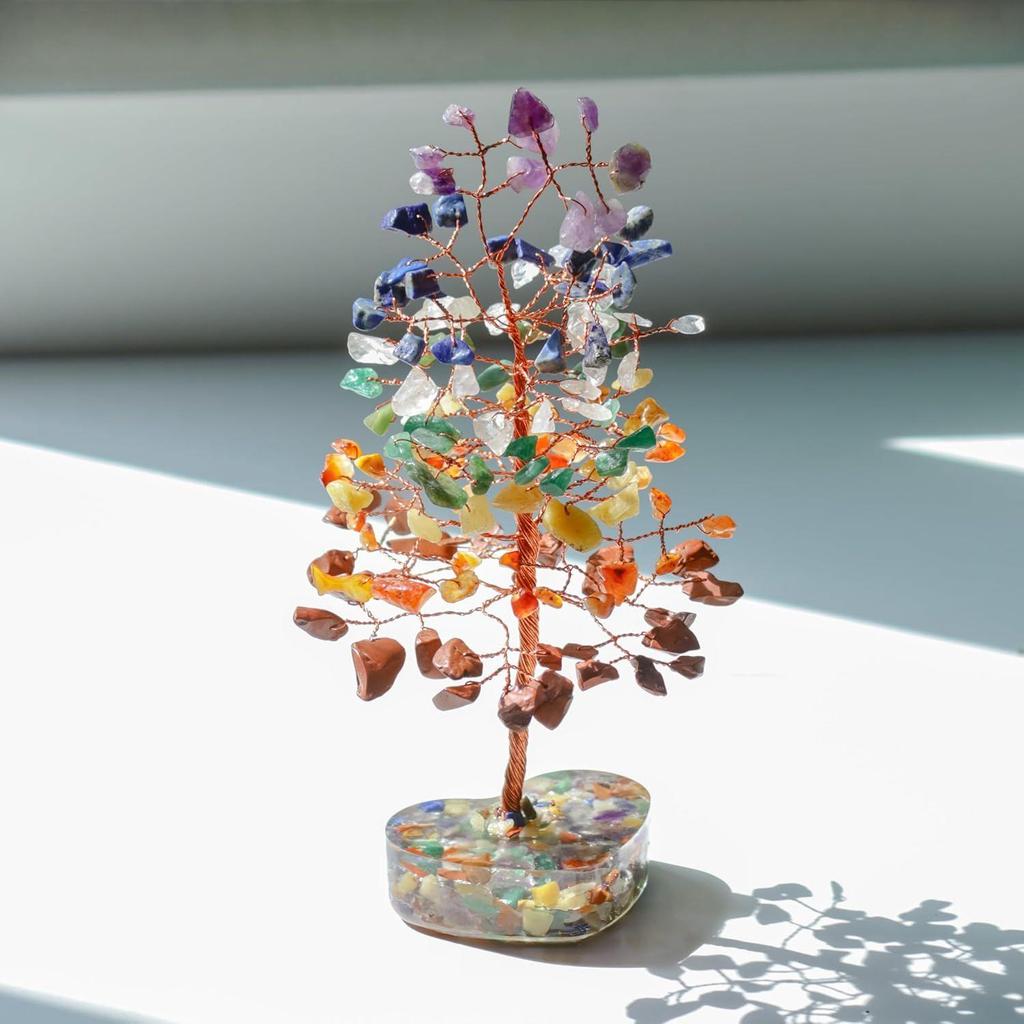 7 Chakra Gemstone Bonsai Tree with Orgone Heart Base – Feng Shui Showpiece for Positive Energy