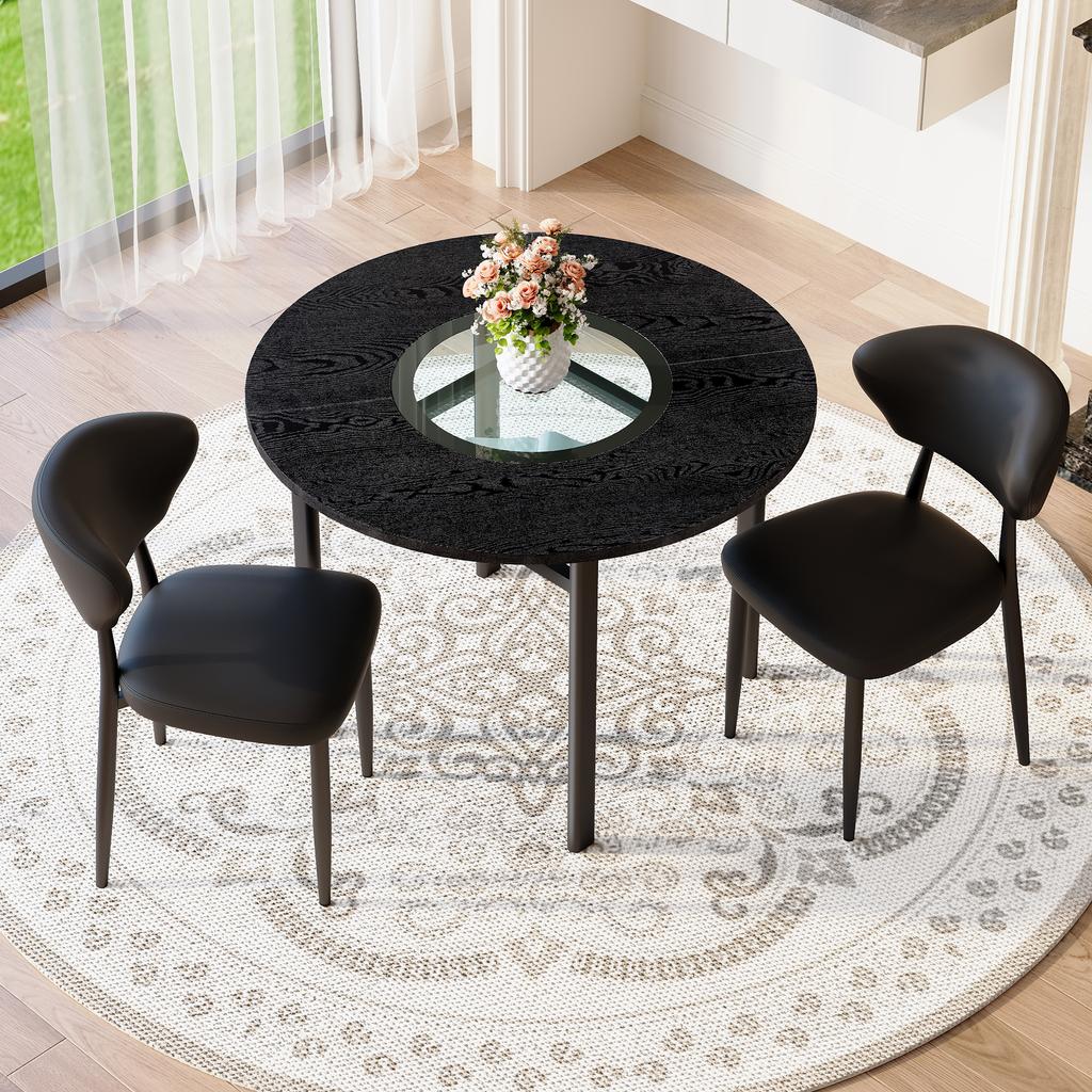 Juego de mesa redonda minimalista (con 2 sillones negros de material PU y respaldo curvo de confort), con 100 cm de diámetro en aspecto de madera negra.