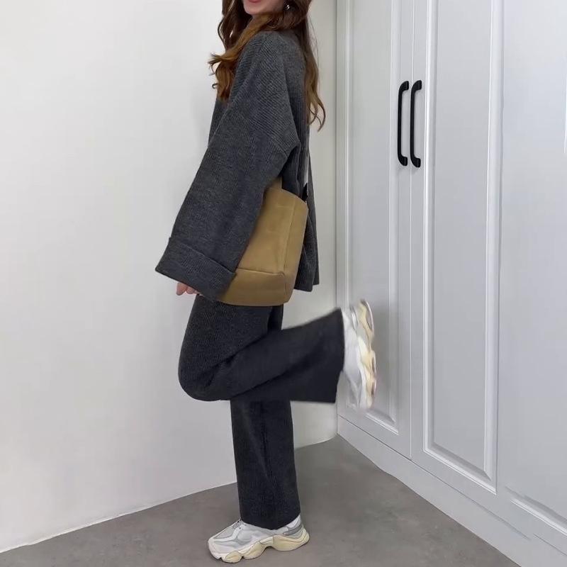 Women Casual Solid Color Knit Sweater Two Piece Set Autumn Winter Thick Round Neck Loose Pullover Wide Leg Pants Matching Sets