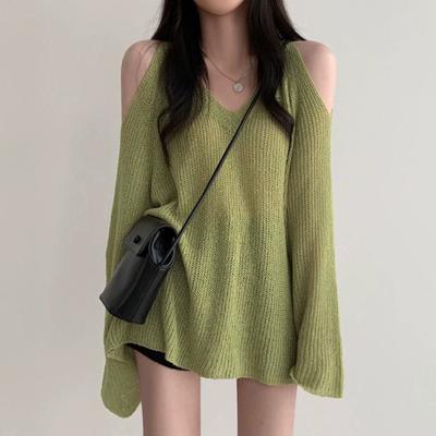 2025 Spring Summer Women's Knitted Sweaters Lady Hollow Out Off Shoulder V-neck Thin Pullover Long Sleeve Loose Green Tops Sunscreen Shirt Sweater