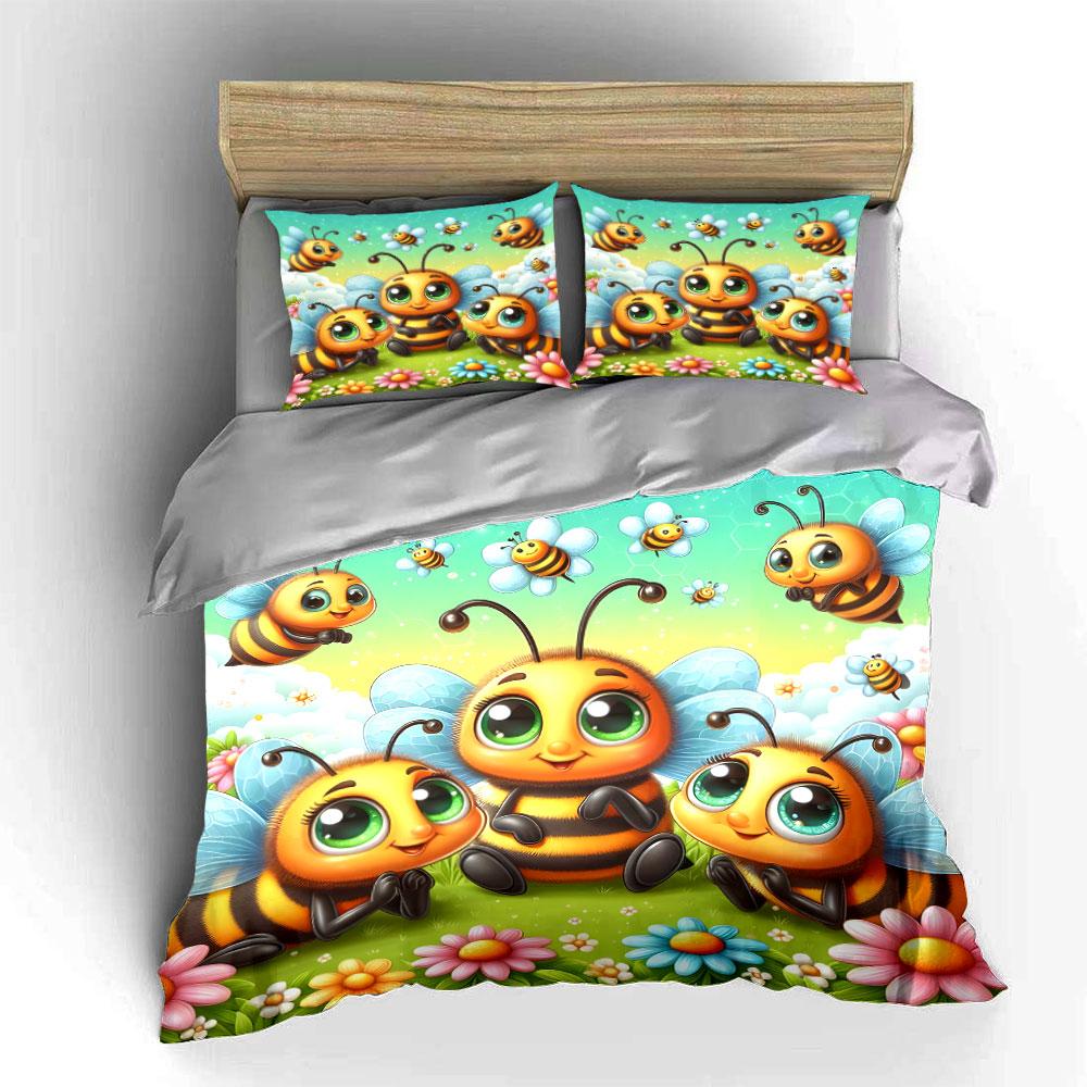 Süße Bienenfamilie mit Blumen Bettwäsche Bettbezug Set  (1*Bettbezug 2*Kissenbezüge, ohne Bettdecke)