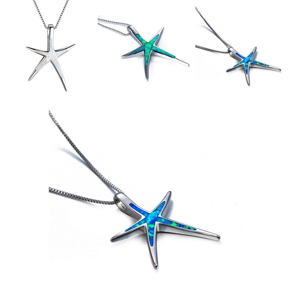 Fashion Women Ocean Starfish Pendant Necklace Featuring Vibrant Blue Green And White Fire Opal Stones