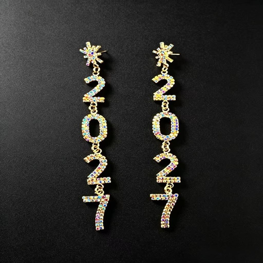 Sparkling 2027 Number Rhinestone Earrings for Women New Year Party Dangle Drop Earrings Fashion Jewelry Gift
