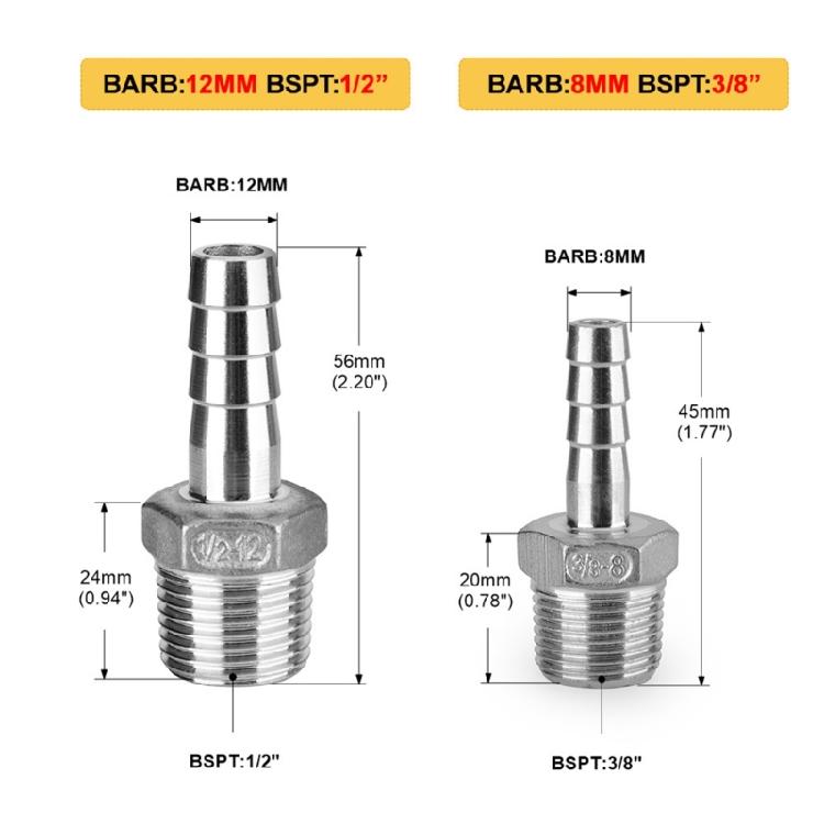8mm 12mm 3/8" 1/2" Oțel Inoxidabil Filet Mascul BSP Fiting pentru Țevi Barb Conector Furtun