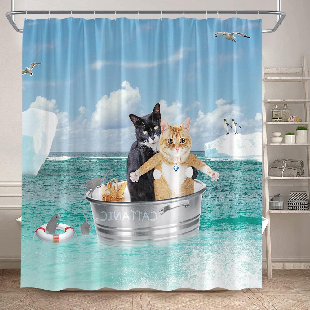 Funny Cartoon Bathing Cats Shower Curtains Cute Animals Pet Cat Kids Bath Curtain Polyester Children Bathroom Decor With Hooks